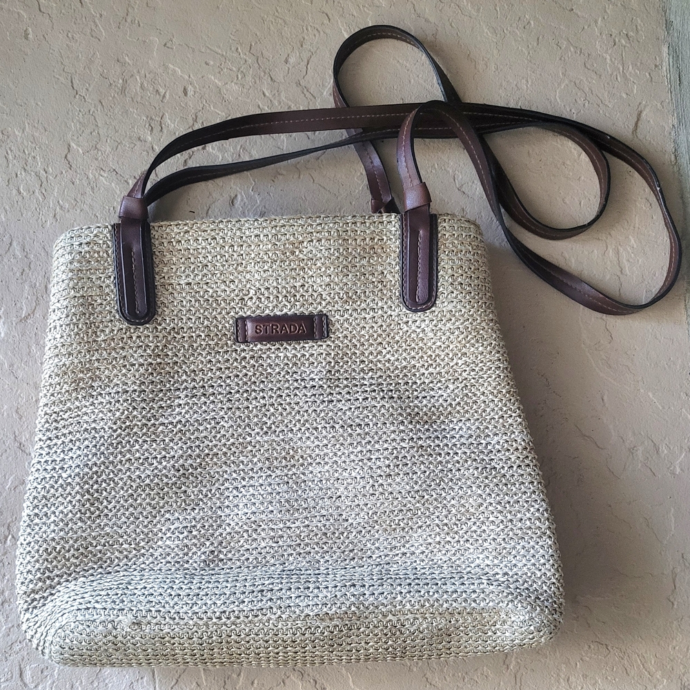 Strada Beige Basket Weave Brown Faux Leather Strap Hobo Bag